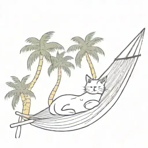 A Minimalist Tattoo Design Of A Cat Lounging On A Hammock Between Two Palm Trees At Sunset