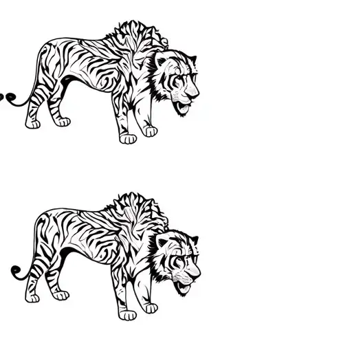 Lion And Lioness Back To Back Below Two Tiger Cubs Also Back To Back