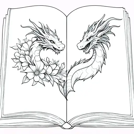 Open Book Come Up Flowers And A Dragon In The Middle With Simple Design
