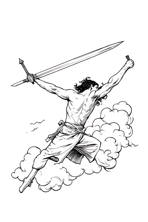 Man Flying Through A Cloud While Holding A Sword