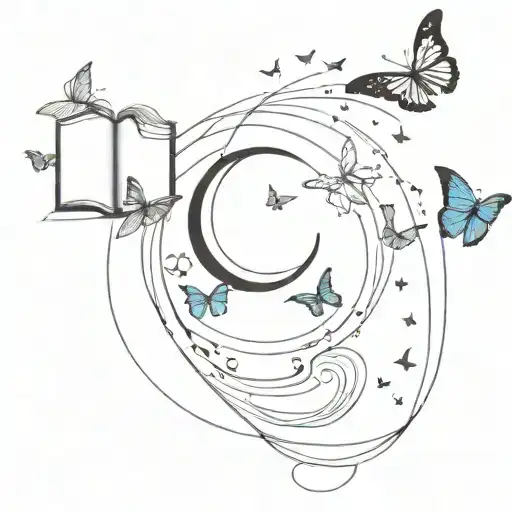 Open Book With A Half Moon And Butterflies