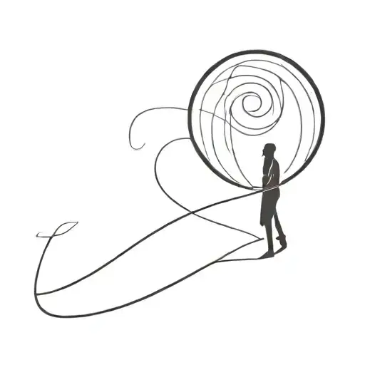 2D Simple Line Design Of Person Walking On A Curve That Becomes A Sphere
