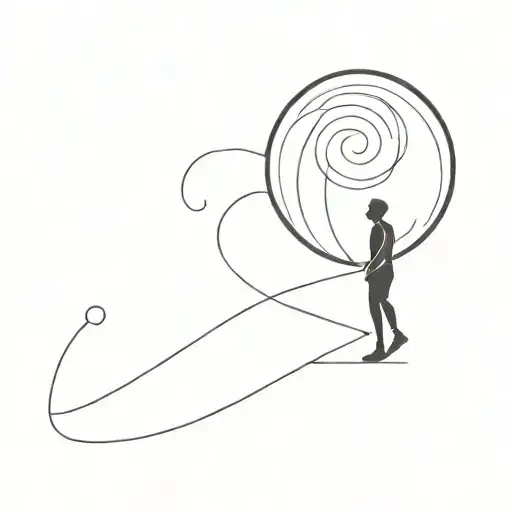 2D Simple Line Design Of Person Walking On A Curve That Becomes A Sphere