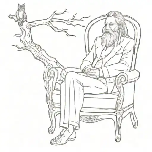 An Old Man With Long Hair With His Tree Female Feral Cats Sitting On The Godfather Chair