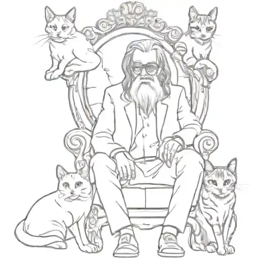 An Old Man With Long Hair With His Three Female Feral Cats Sitting On The Godfather Chair