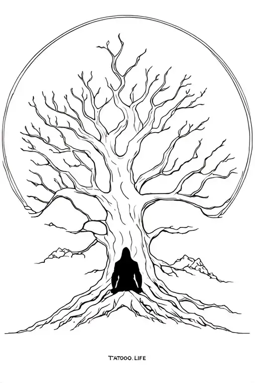 Massive Tree Of Life With Small Hooded Wanderer Sitting At Base Facing The Side