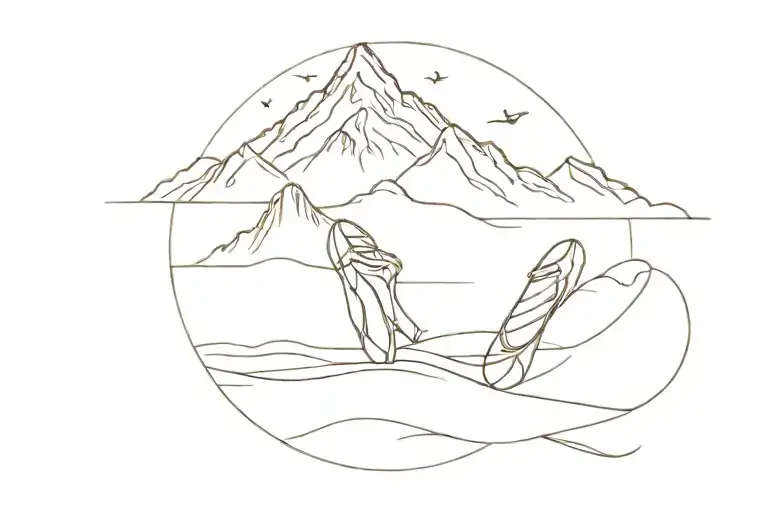 A Minimalist Tattoo Of A Beach Scene With A Ballet Slipper And A Mountain Peak In The Background