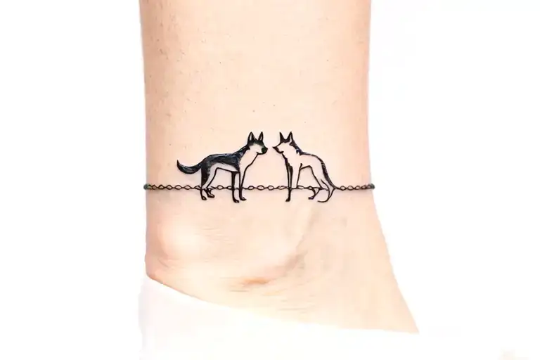 Two Wolves Fine Line Around Ankle Bracelet