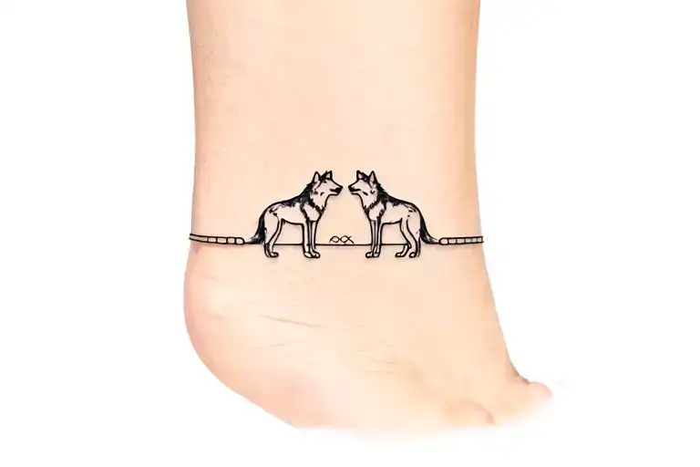 Two Wolves Fine Line Around Ankle Bracelet