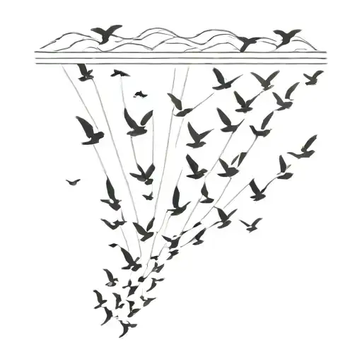 A Minimalist Design Of A Flock Of Birds Flying Over Devil's Lake At Sunset