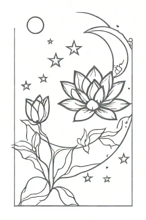 Dainty Moon And Lotus Flower With Stars Around Them