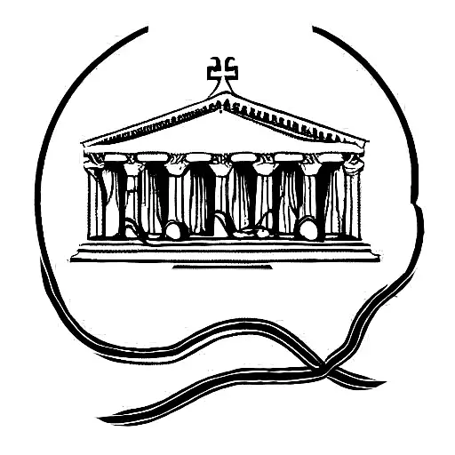 Greek Temple From Which A River Of The Underworld Comes Out With A Charonte On It And Medusa