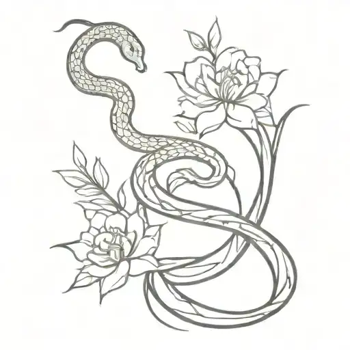 Snake Entwining The Month With Flowers