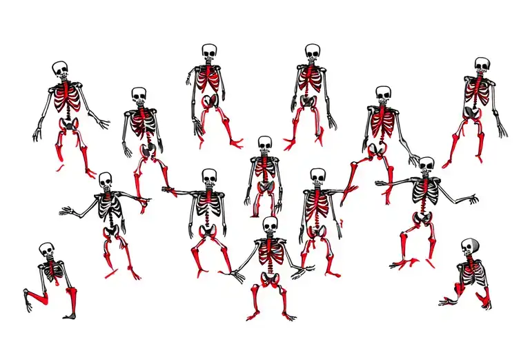 10 Human Skeletons With Red Outline Around The Human Body Skeletons Dancing In A Circle