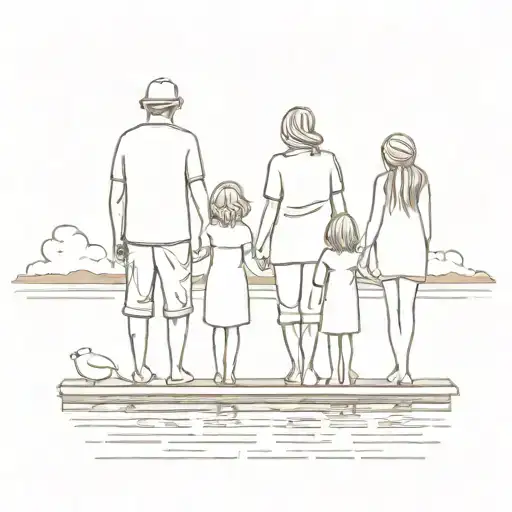 A Family On A Dock At Sunset