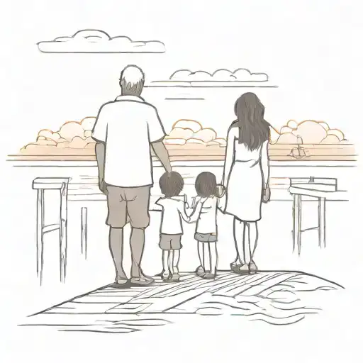 A Family On A Dock At Sunset