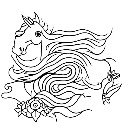 A Minimalist Tattoo Of A Mustang Horse Galloping Through A Field Of Flowers With Hair Spread On Wind