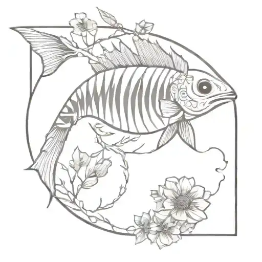 An Evil Looking Fish Skeleton Surrounded By Geometric Plants And Flowers