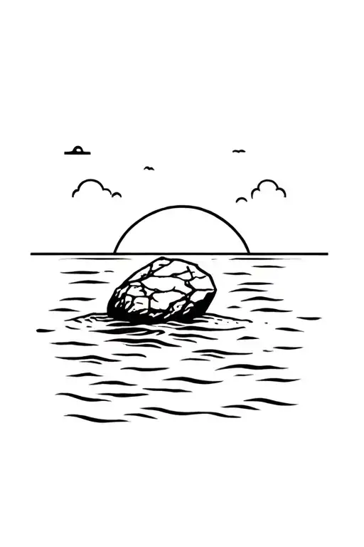 Create A Cute Fine Line Stamp Tattoo With A Big Rock On On The Shore During Sunset