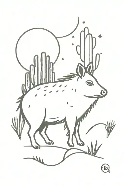 Small Javelina With Saguaro Cactus And Small Sun