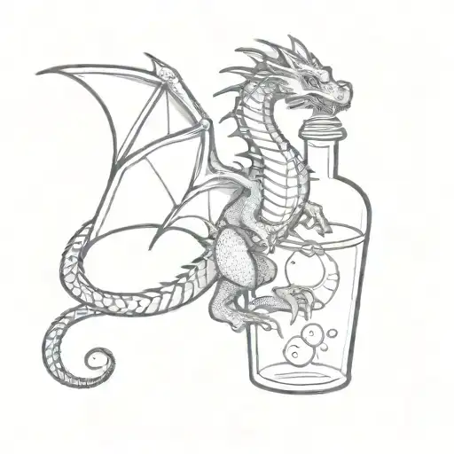 Cute Dragon Climbing On A Potion Bottle Full Of Dnd Dice