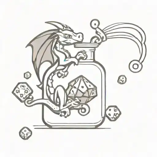A Small Cute Dragon Climbing On A Round Potion Bottle Filled With Different Dice