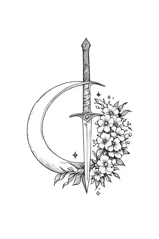 Sun And Moon With Sword And Flowers