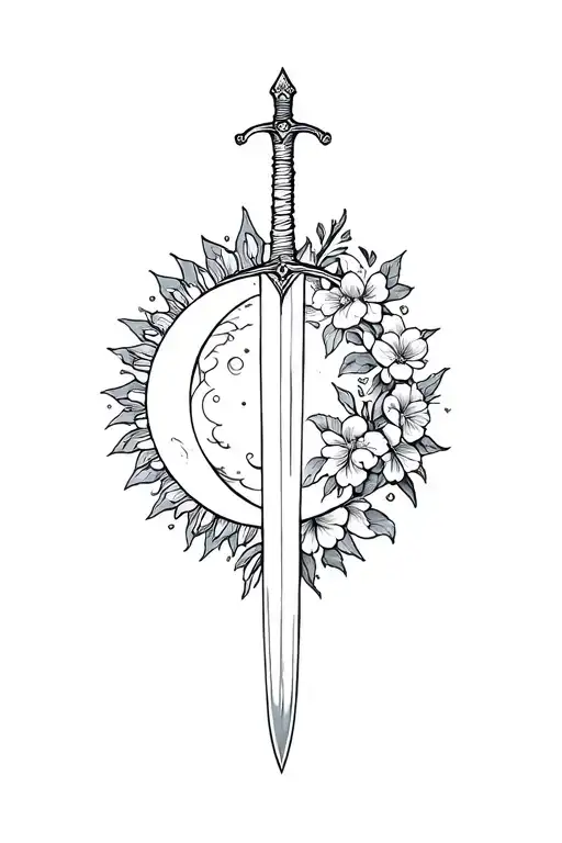 Sun And Moon With Sword And Flowers Symetrical Sword On Top