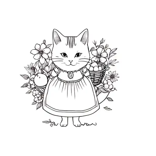 Cat Wearing An Old Fashioned Dress With A Basket Of Fruit Surrounded By Flowers And Nature