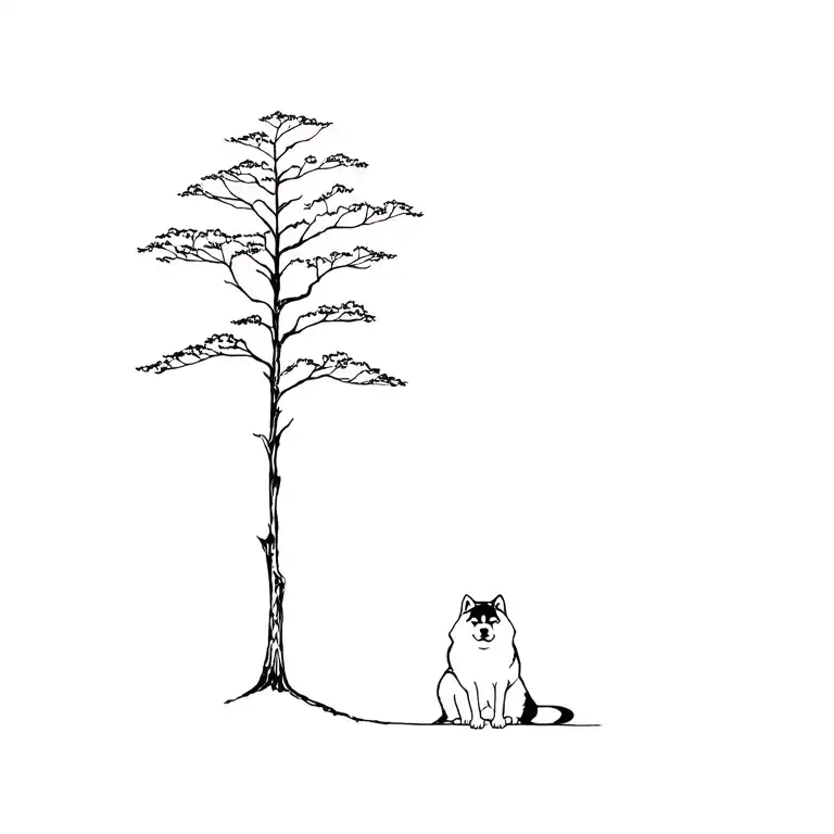 Tall Tree With Akita Sitting Next To It Silhouette Minimalist
