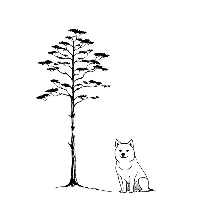 Tall Tree With Akita Sitting Next To It Silhouette Minimalist