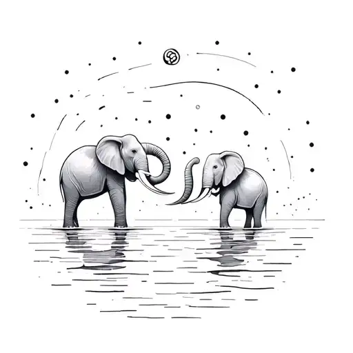 Elefants And Wale Connected By Water And Land Surrounded By Little Circles And Lines