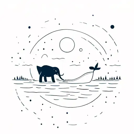 Elefant And Whale Connected By Water And Land Surrounded By Little Circles And Lines