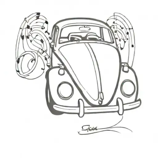 A Minimalist Tattoo Design Of A Classic Vw Beetle With Music Notes Floating Around It