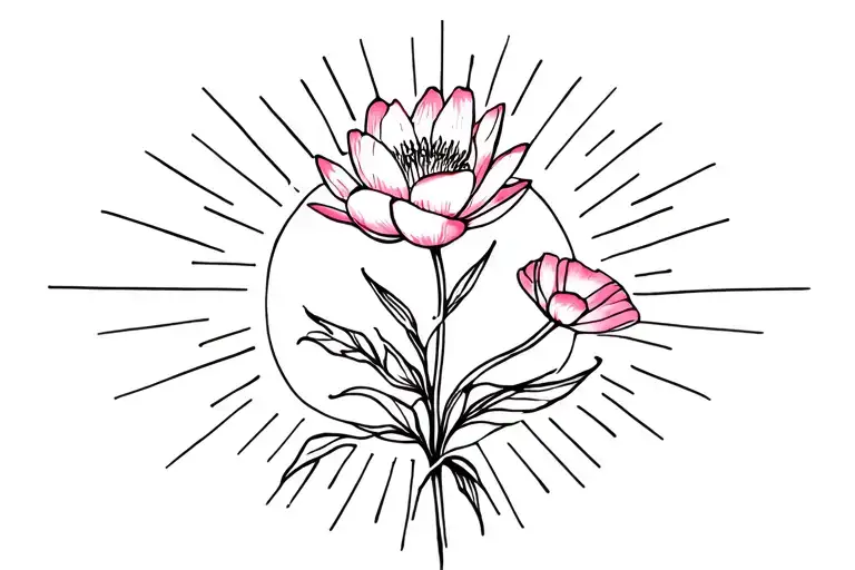 Small Water Lily And Poppy Inside A Sun Rays