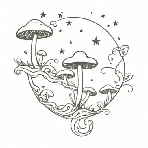 Mushrooms And Ocean Waves And Stars Shining