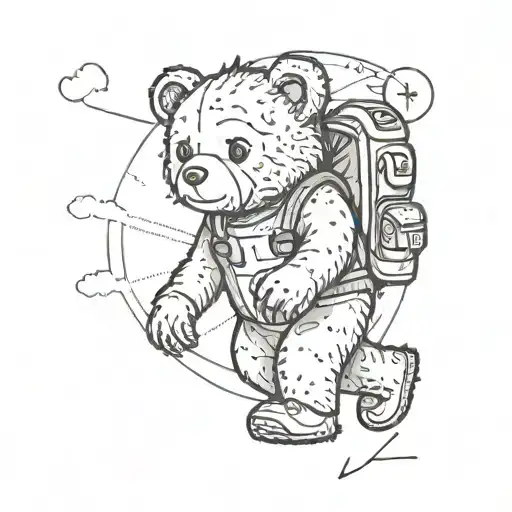 Teddybear Walking Wearing Backpack In Front Of Compass