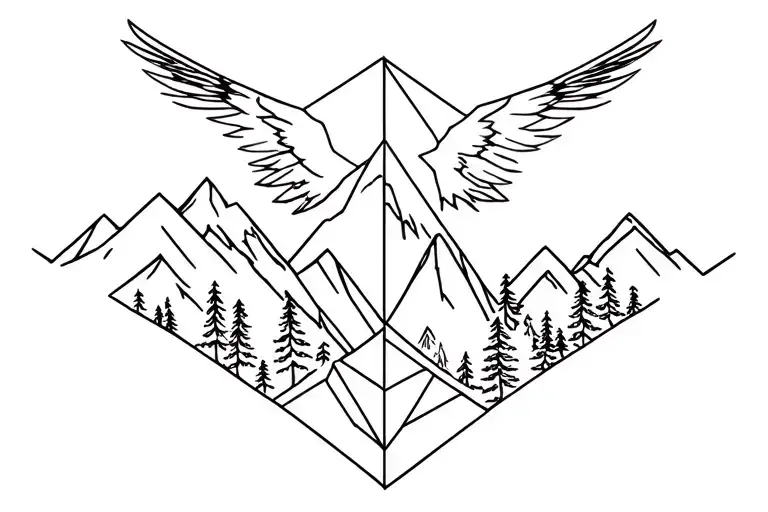 Geometric Forest With Mountains And Raven With Spread Wings