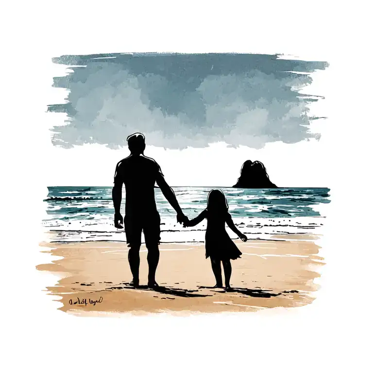 Father And Daughter Holding Hands On The Beach From Behind