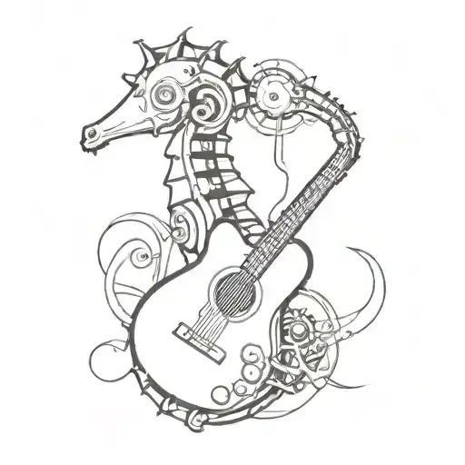 A Black And Grey Tattoo Of A Mechanical Seahorse Playing A Guitar