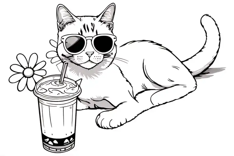 A Cat Laying On The Ground Holding A Bubble Tea And Wearing Sunglasses Shaped As Daisy