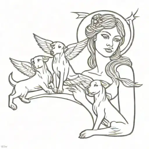 Goddess Hecate With Wings And Three Dogs