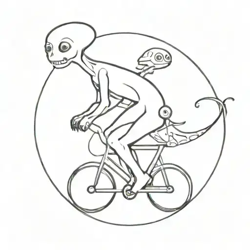 An Alien Taking His Alien Son To The School On His Bike