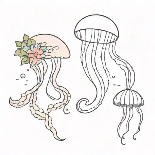 A Shrimp With A Mimosa Flower Crown And A Jellyfish With A Begonia Flower Crown Blowing Bubbles
