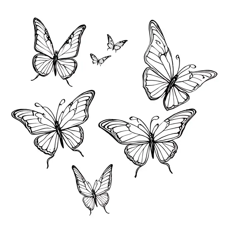 A Tattoo Side Amgle Of Butterfly Flying And Three Smaller Butterflies Flying In The Same Direction