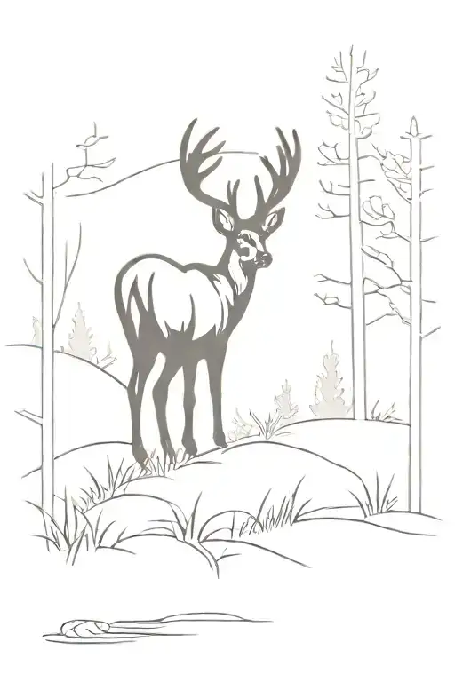Whitetail Buck Silhouette In Foreground With Woods And Fox In Background