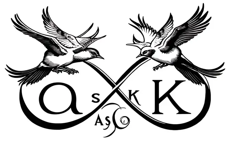 Family Tattoo With Small Birds And Infinity Symbol And The Letters A S K K