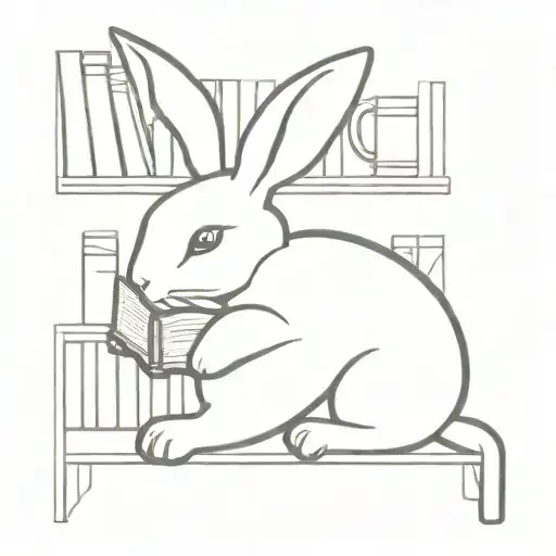 A Minimalist Tattoo Design Of A Rabbit Curled Up With A Book In A Cozy Reading Nook