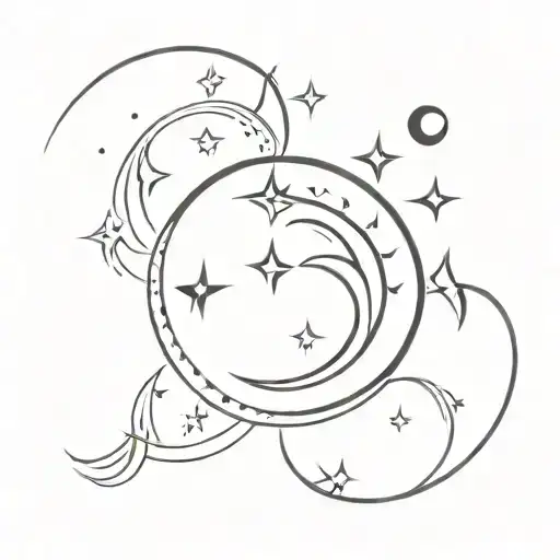 A Minimalist Tattoo Of A Sun And Moon Blended Together With Musical Symbols Floating Around Them