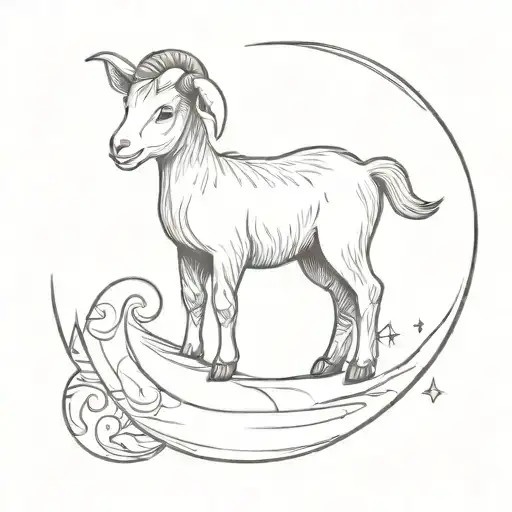 Toy Stuffed Baby Goat Sitting On A Crescent Moon With Its Legs Hanging Over
